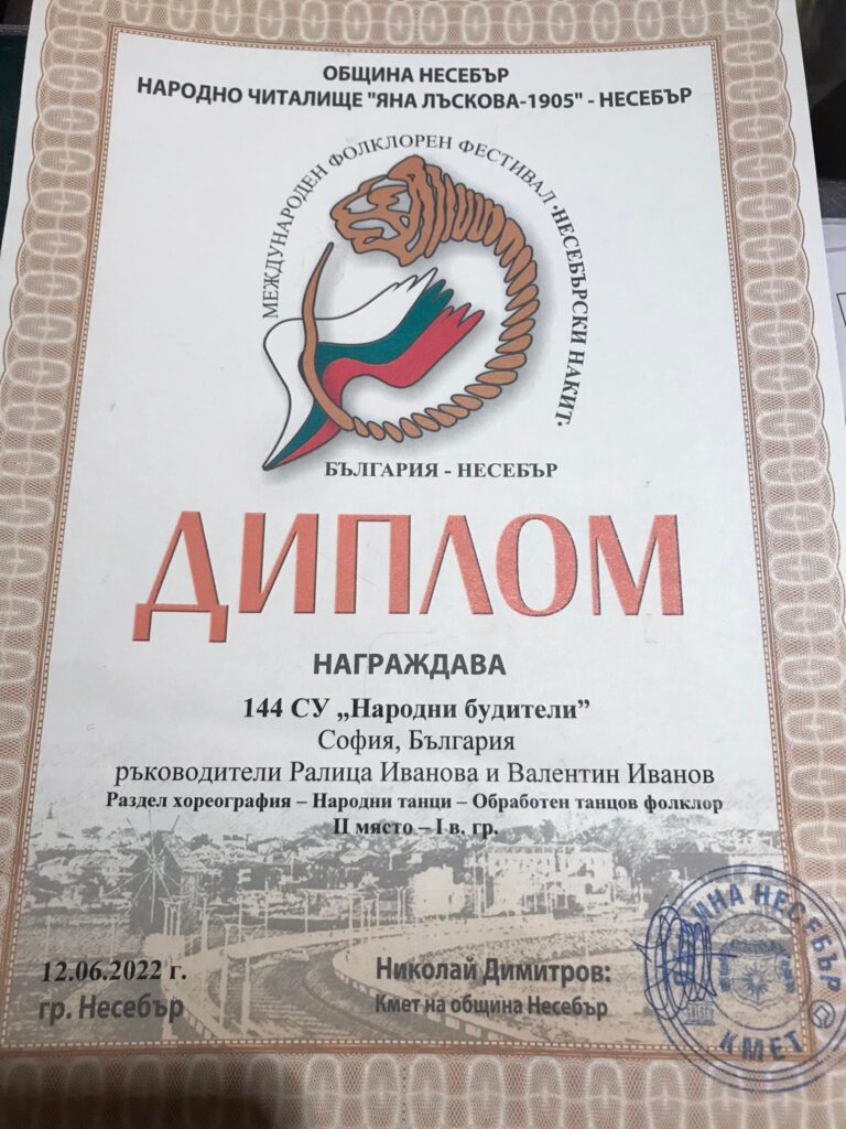 Ученици от 144 СУ "Народни будители" с престижни награди от осмия международен фолклорен фестивал “ Несебърски накит” Ученици от 144 СУ "Народни будители" с престижни награди от осмия международен фолклорен фестивал “ Несебърски накит”