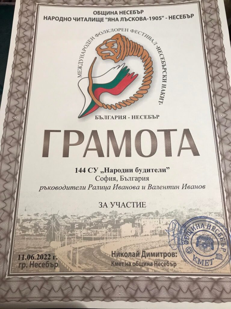 Ученици от 144 СУ "Народни будители" с престижни награди от осмия международен фолклорен фестивал “ Несебърски накит” Ученици от 144 СУ "Народни будители" с престижни награди от осмия международен фолклорен фестивал “ Несебърски накит”